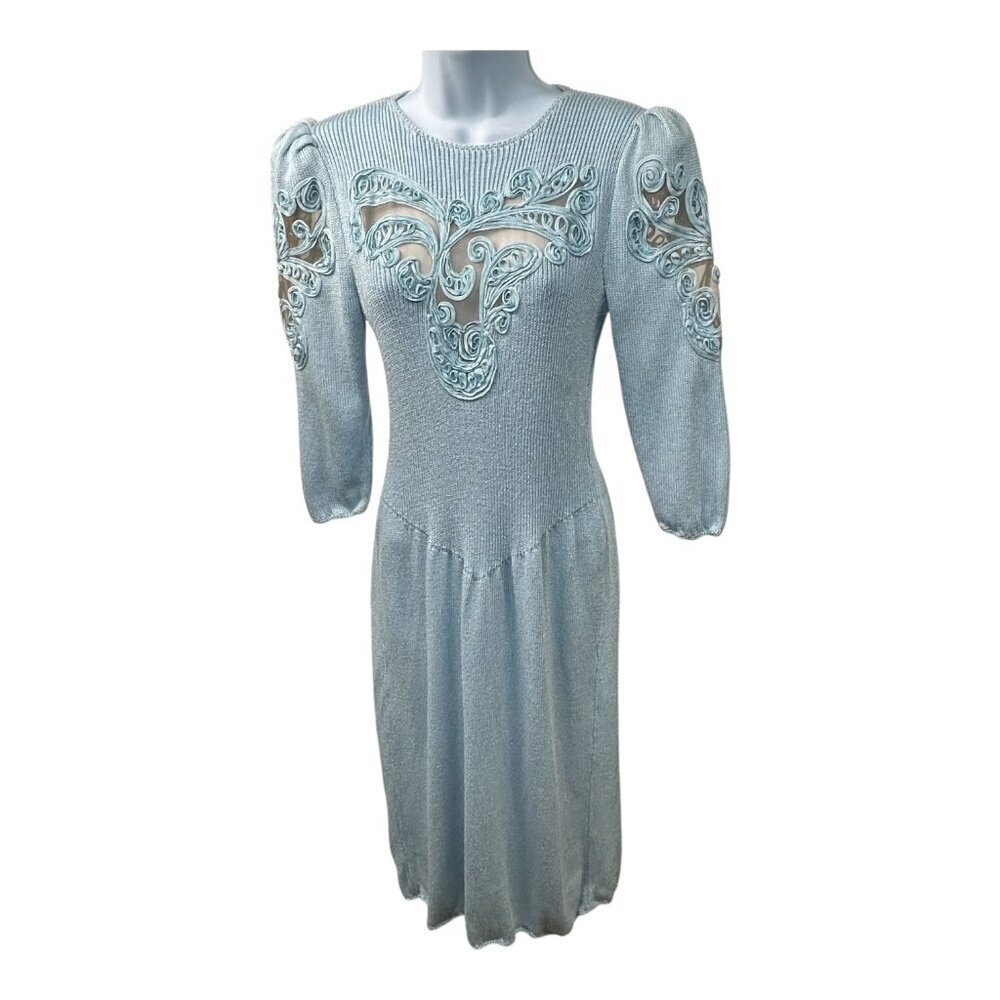 Vintage Don Sayres Wellmore SZ 8 Blue Knit &Silk Embroidered Dress Neiman Marcus